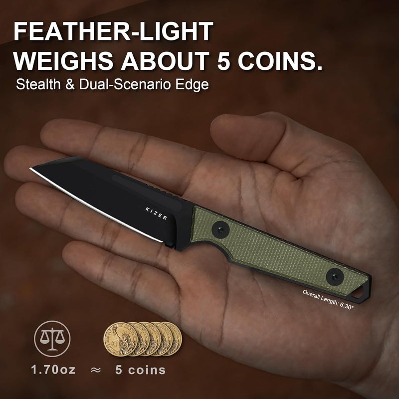 KIZER Phasmids Fixed Blade Knife with Sheath, 2.78" D2 Steel Full Tang Camping Knife with Green Micarta Handle, EDC Knives for Hiking 1079M1 - Image 2